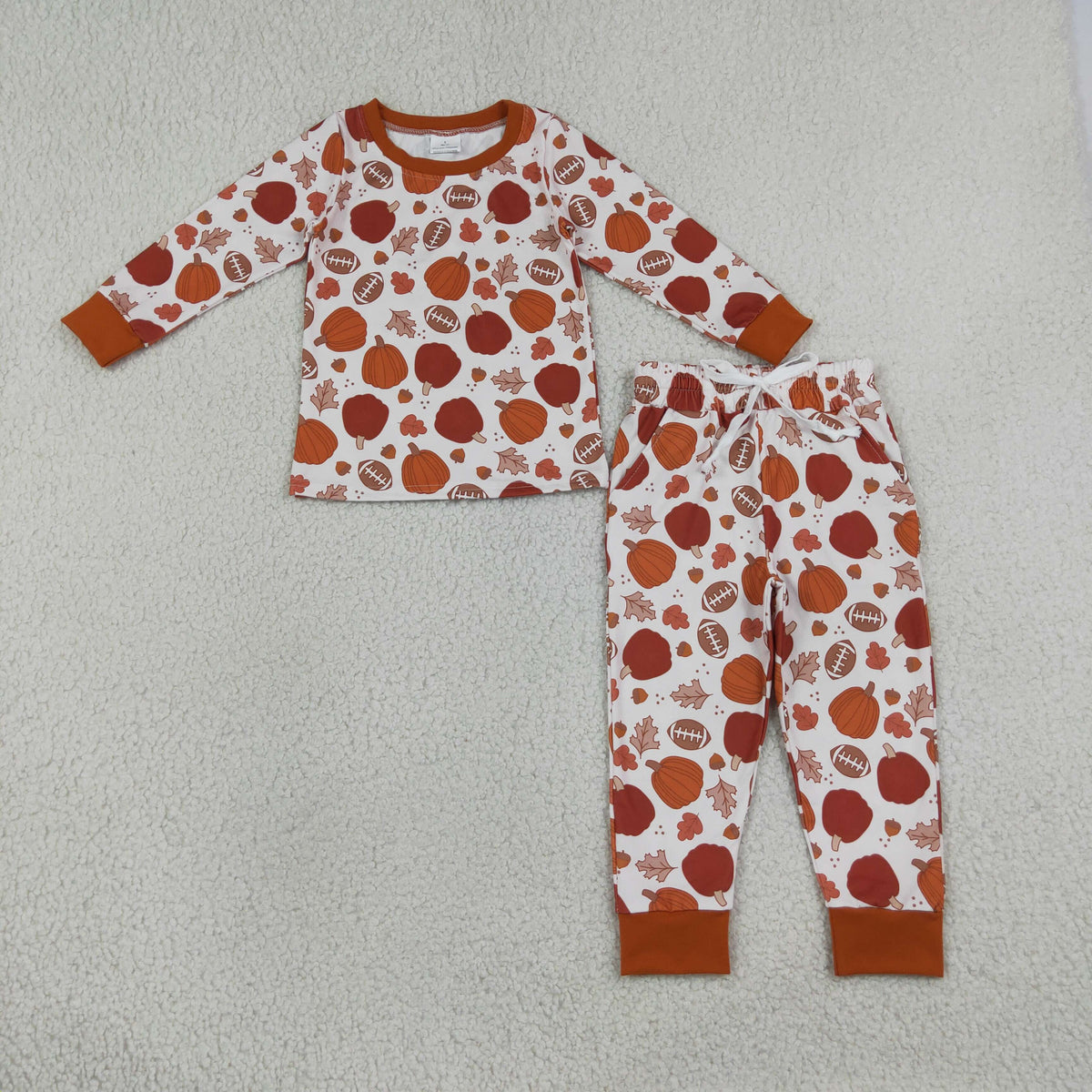 NEW RTS NO MOQ milk silk BLP1539 （BT1928+P1197）Baby Boys Football Pumpkins Leaves Top Pockets Joggers Fall Clothes Set