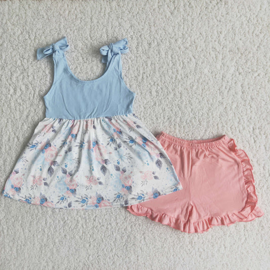 C0-12 Blue Halter Short Sleeve Shorts Suit