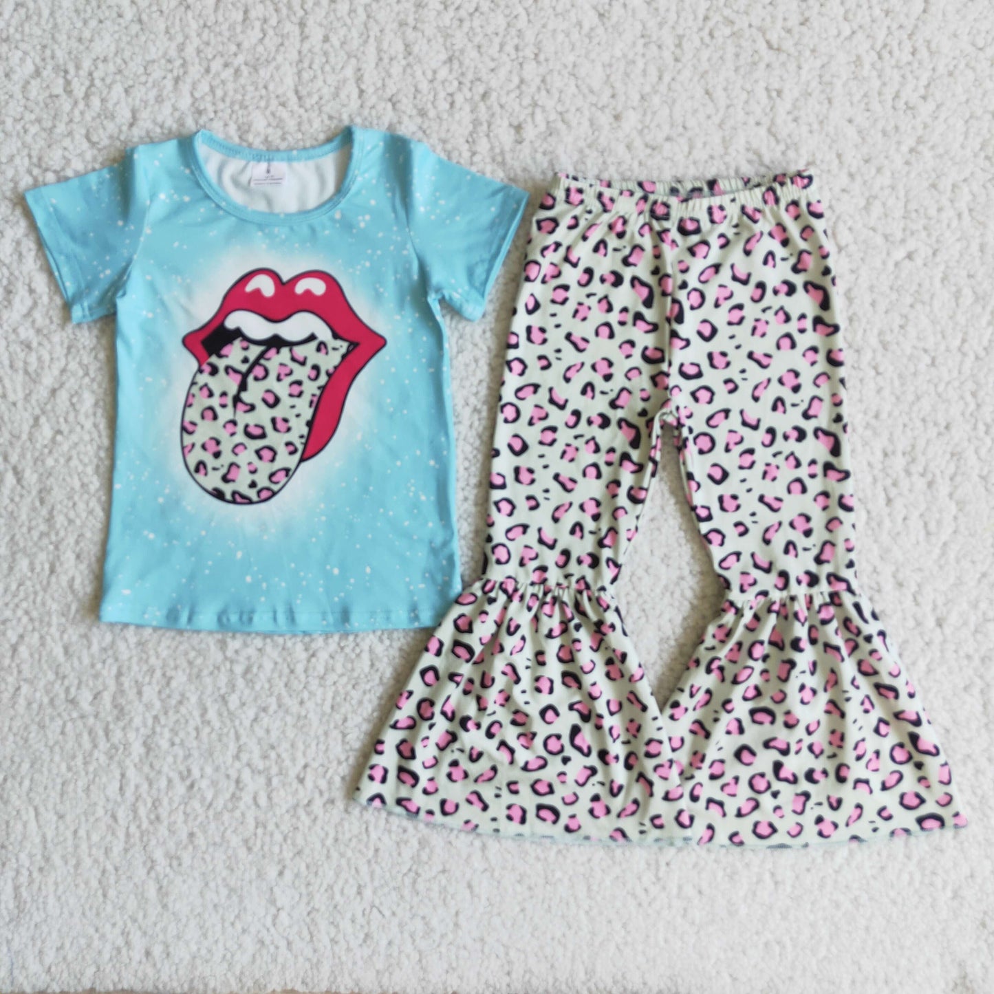 rolling stone band Tongue shirt and leopard bell pants girls outfits kids clothes