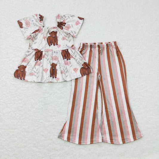 short sleeve highland cow shirt stripe bell pants outfits girls sets kids clothes