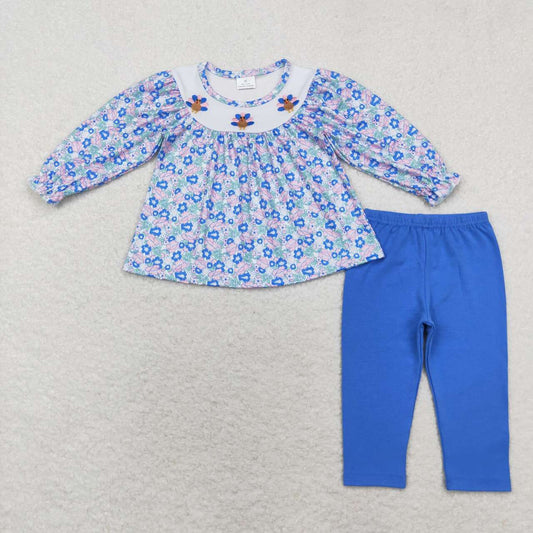 GLP1379 Embroidered turkey blue-green flower long-sleeved trousers set