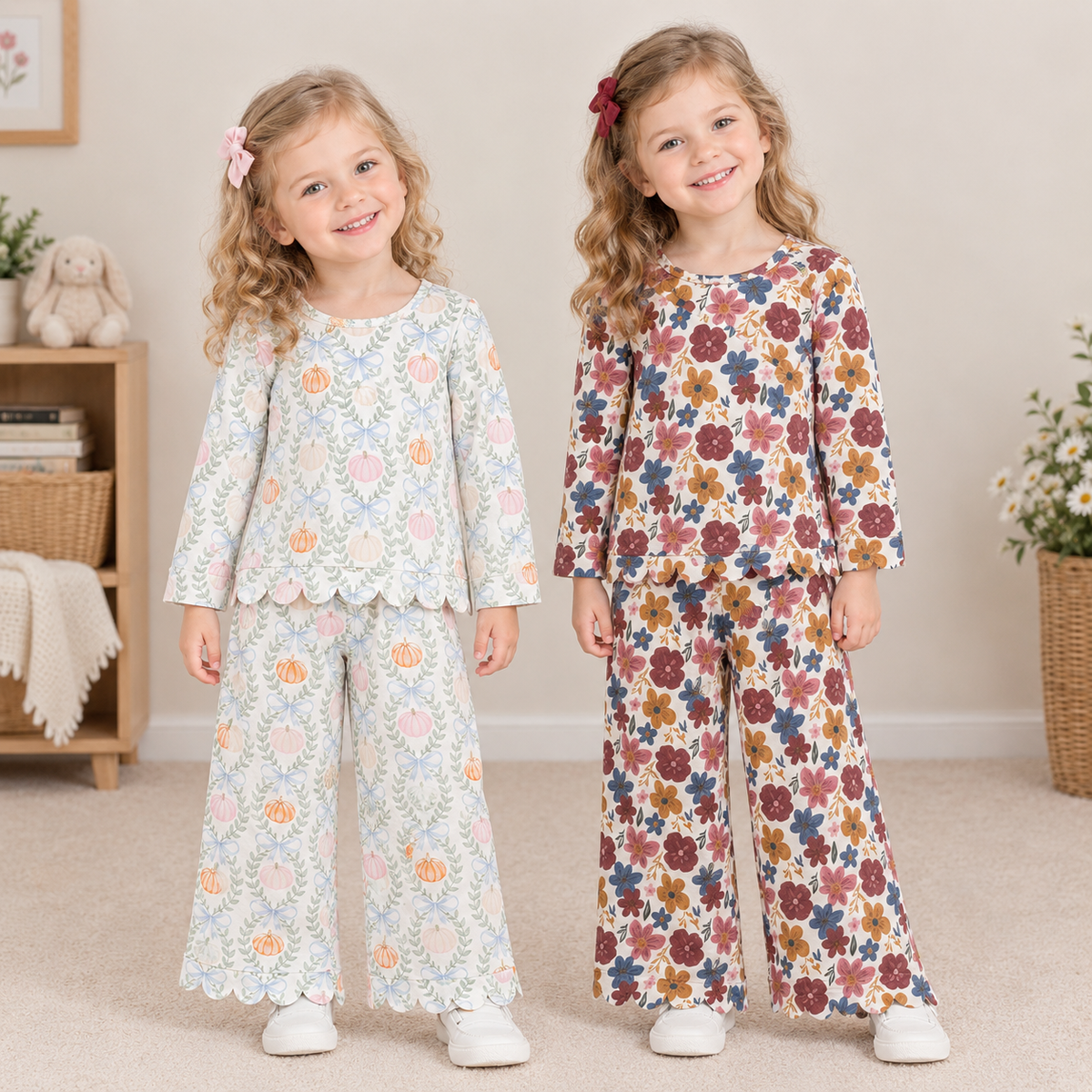 RTS NO MOQ Sibling milk silk Baby Girls Colorful Floral Print Ruffle Hoodie Flare Pant Outfit