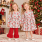 RTS NO MOQ Sibling milk silk Baby Girls Christmas Red Bow Holly Print Long Sleeve Top Solid Ruffle Pant Set Twirl Dress