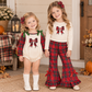 RTS NO MOQ Sibling milk silk Baby Girls Christmas Plaid Bow Embroidered Long Sleeve Top And Bell Bottom Outfit Romper