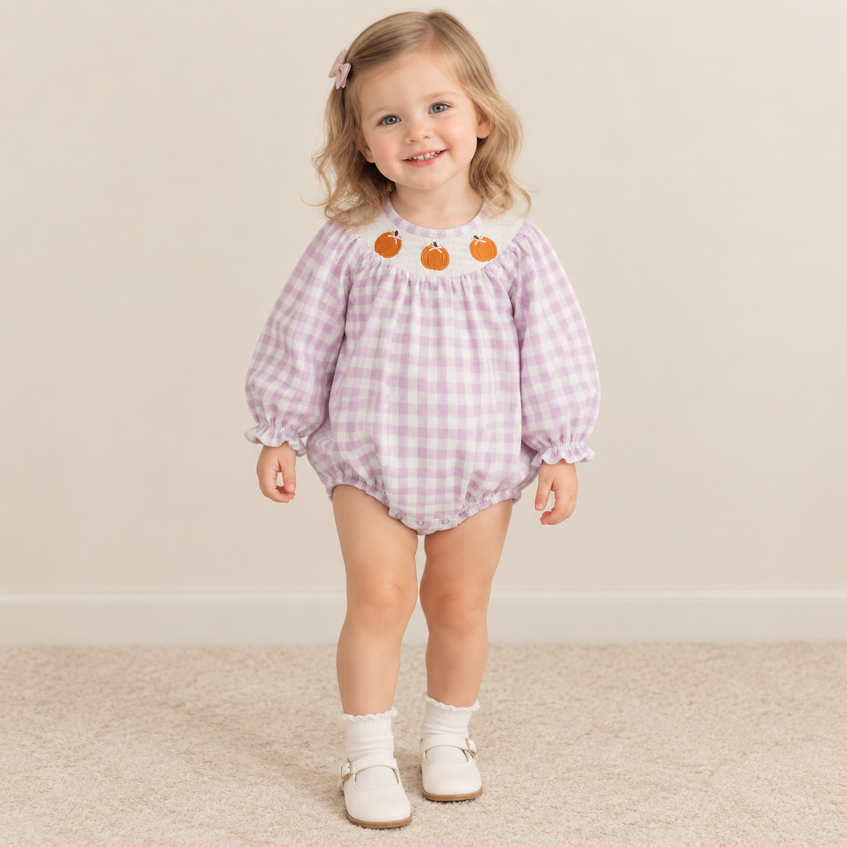 NEW RTS NO MOQ milk silk LR3106 Smocked Pumpkins Baby Girls Pink Checked Fall Ruffle Rompers