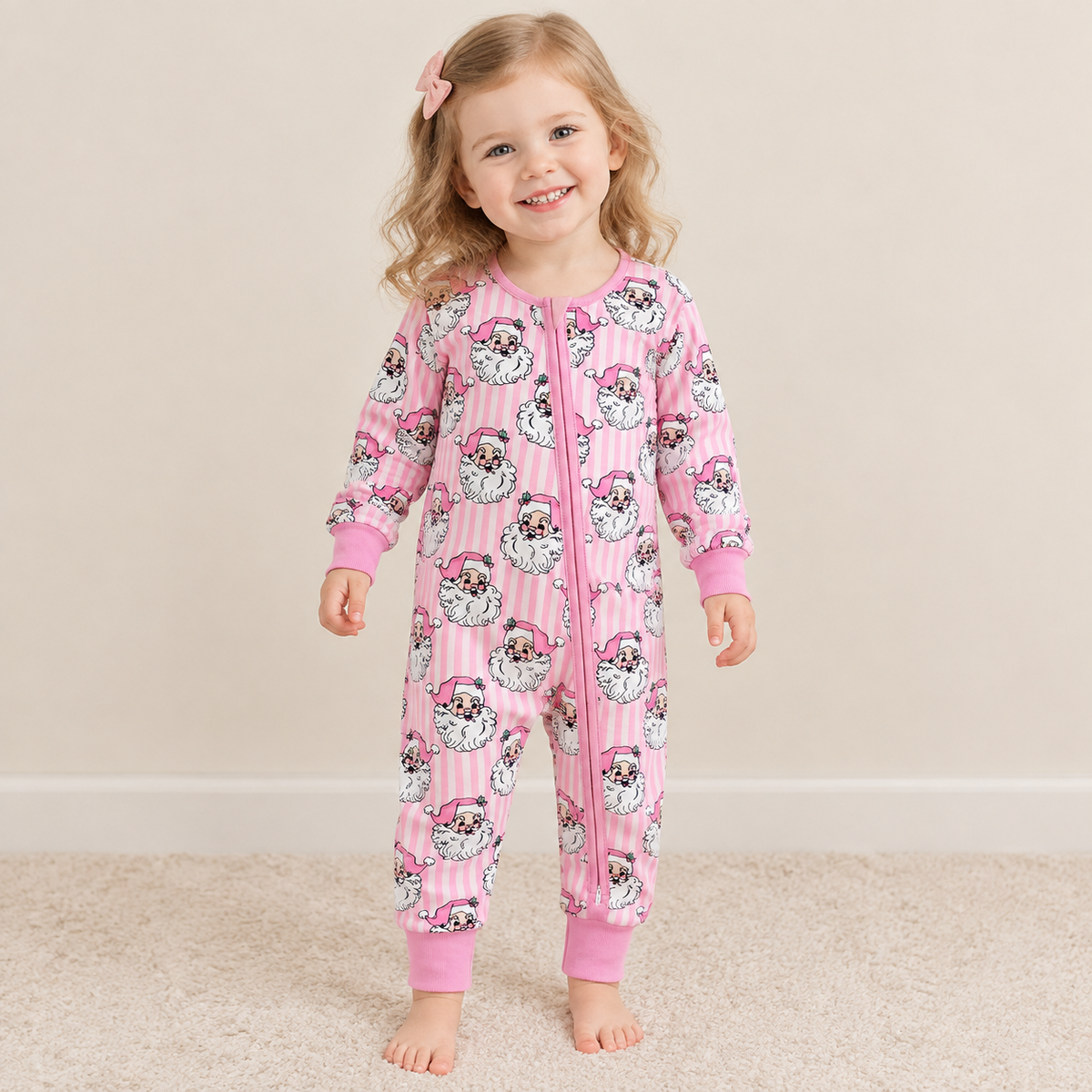 NEW RTS NO MOQ milk silk LR3125 Baby Girls Pink Stripe Santa Christmas Two Way Zip Convertible Rompers