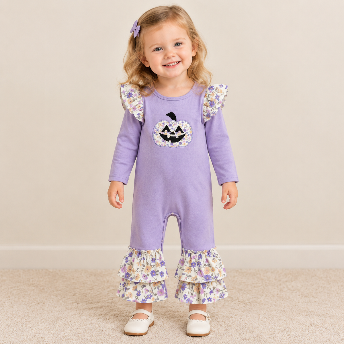 NEW RTS NO MOQ milk silk LR3221 Embroidery Flowers Ghost Pumpkin Baby Girls Halloween Ruffle Pant Rompers