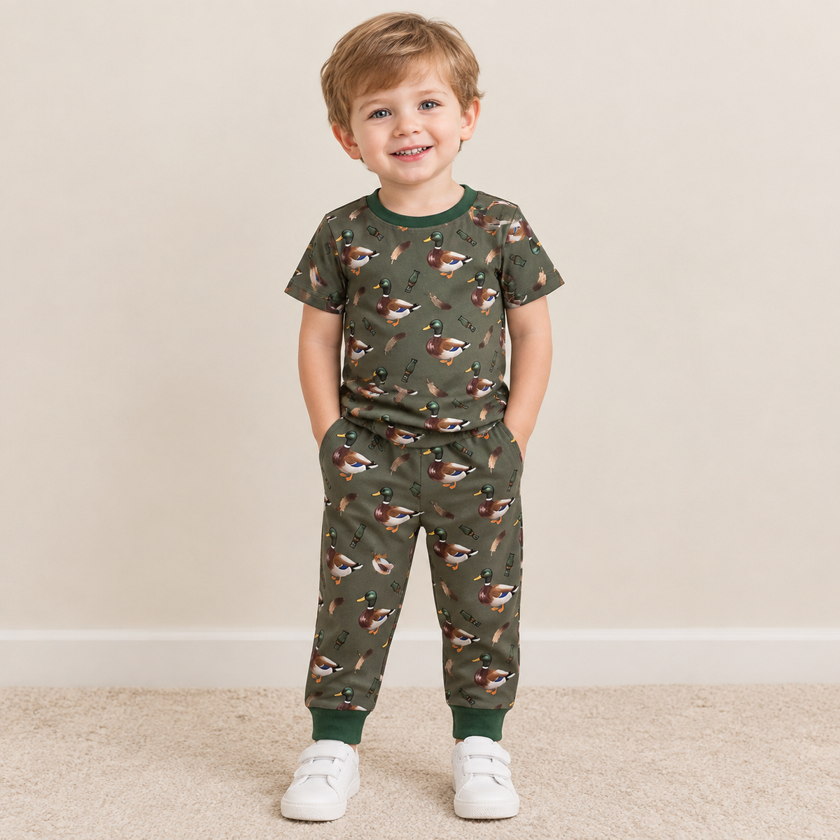 NEW RTS NO MOQ milk silk BSPO0702 Baby Boys Green Ducks Calls Top Pockets Joggers Hunting Clothes Set
