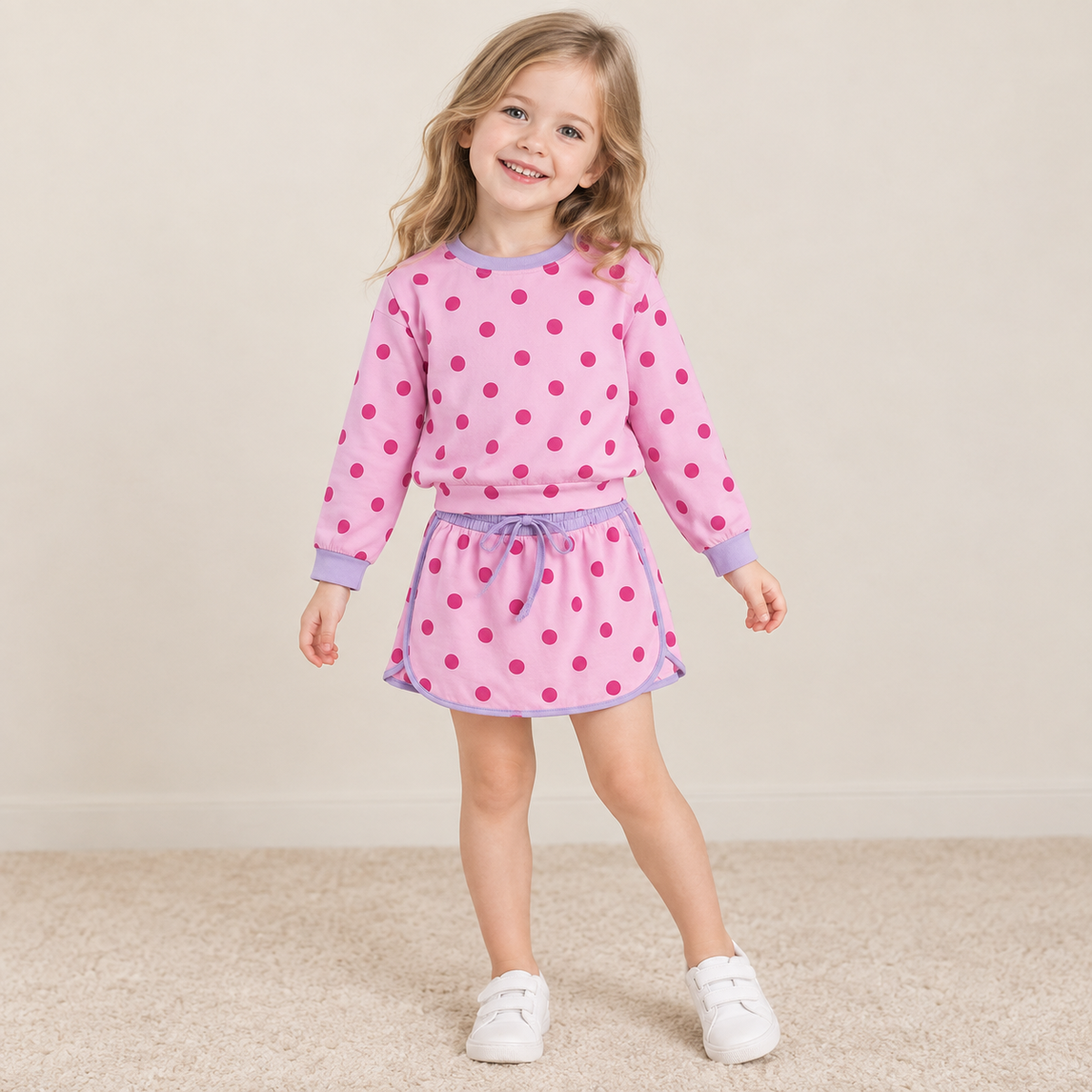 NEW RTS NO MOQ milk silk GLD1763 Baby Girls Pink Lavender Polka Dots Long Sleeve Top Skirt Short Clothes Set