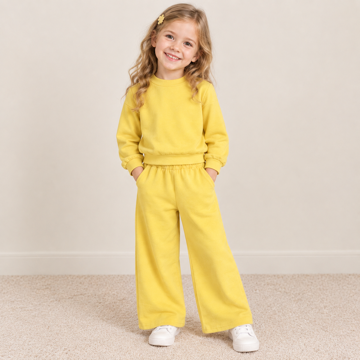 NEW RTS NO MOQ milk silk GLP3473 Baby Girls Yellow Long Sleeve Shirt Top Pockets Flare Pant Clothes Set