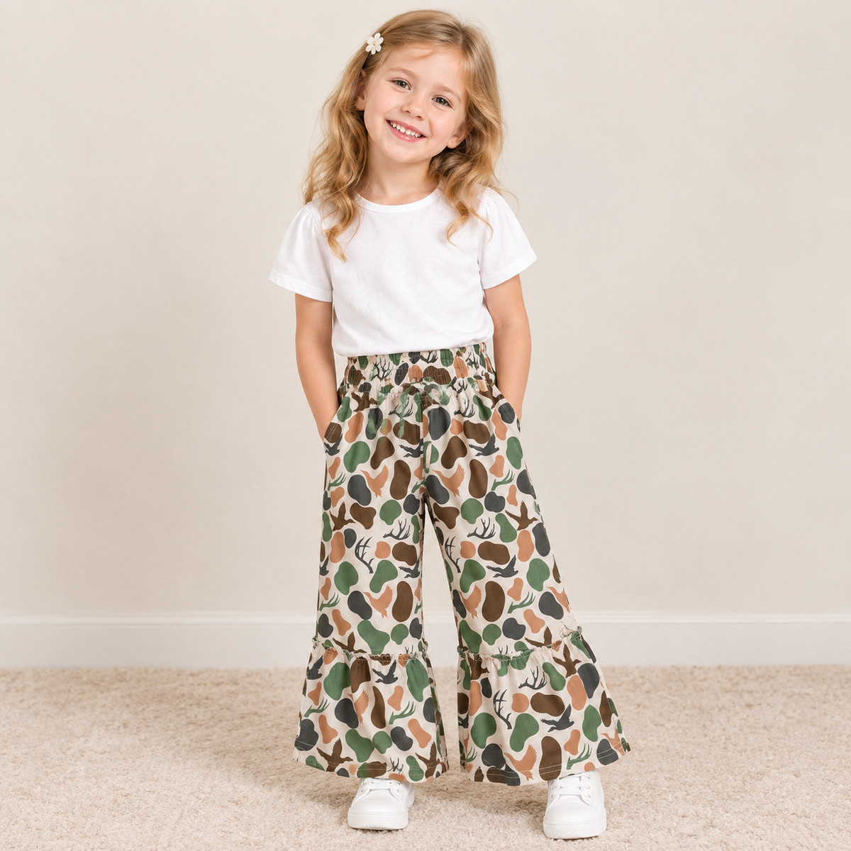 NEW RTS NO MOQ milk silk P1065 Baby Girls Green Brown Camo Deer Ducks Hunting Ruffle Flare Pants Bottom