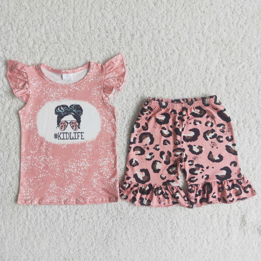 Girls' Short Sleeve Leopard Print Suit with Glasses