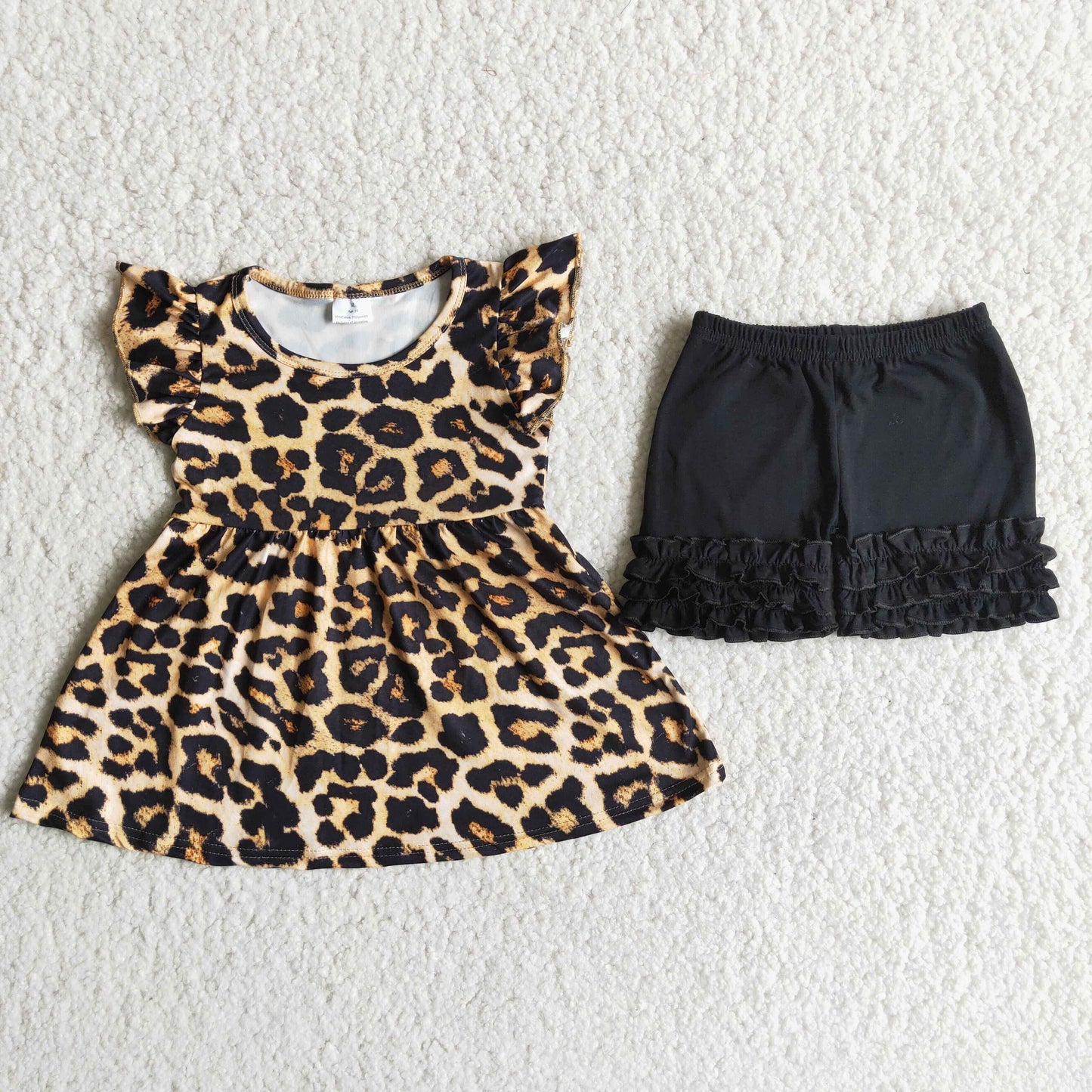 Leopard print short sleeve shorts suit