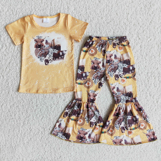 Cow head yellow short-sleeved bell pants suit