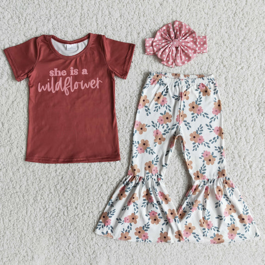 E13-30 Letter Short Sleeve Flower Trousers Set