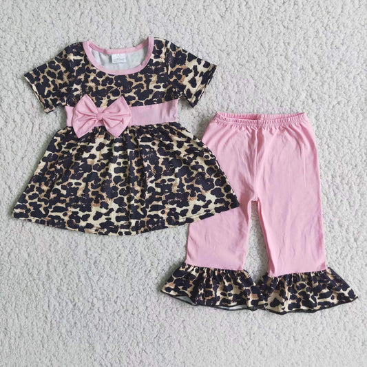 Leopard print bow short-sleeved trousers