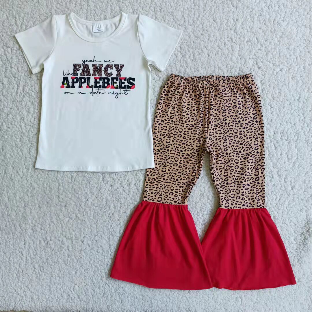 White Letter Short Sleeve Leopard Print Flared Pants Suit