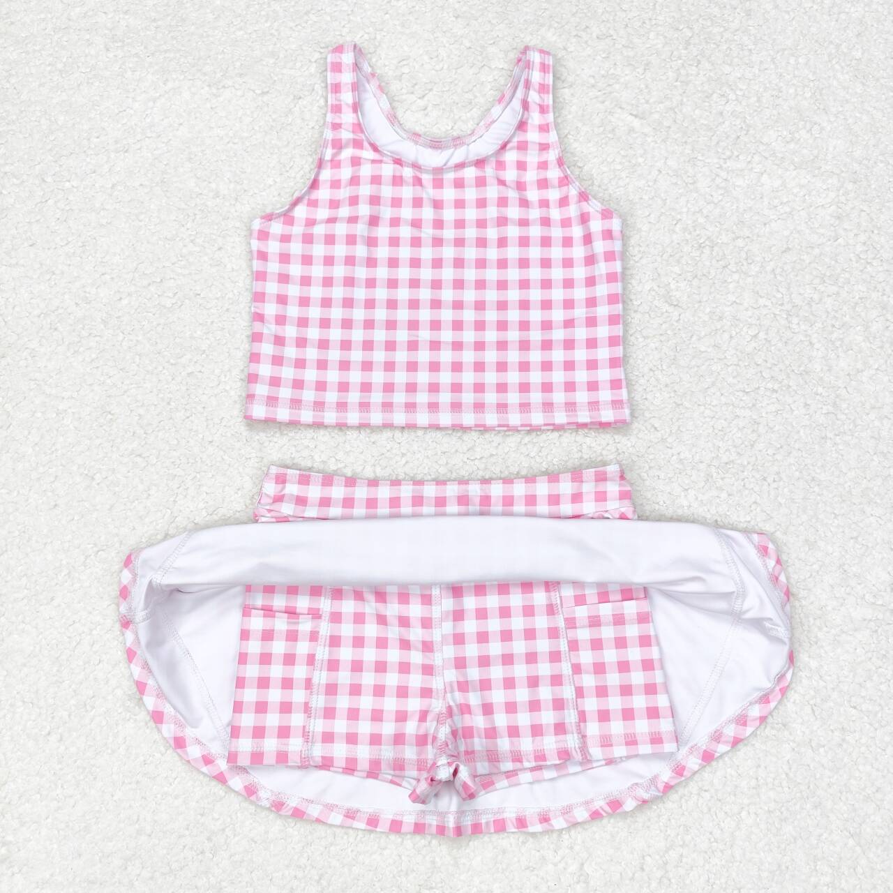 GSD0992 Pink and white plaid sleeveless skirt suit