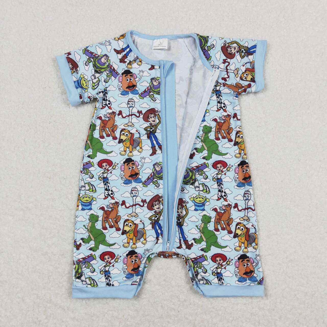 SR1274 Toy Story Cartoon White Cloud Blue Zipper Short Sleeve Jumpsuit