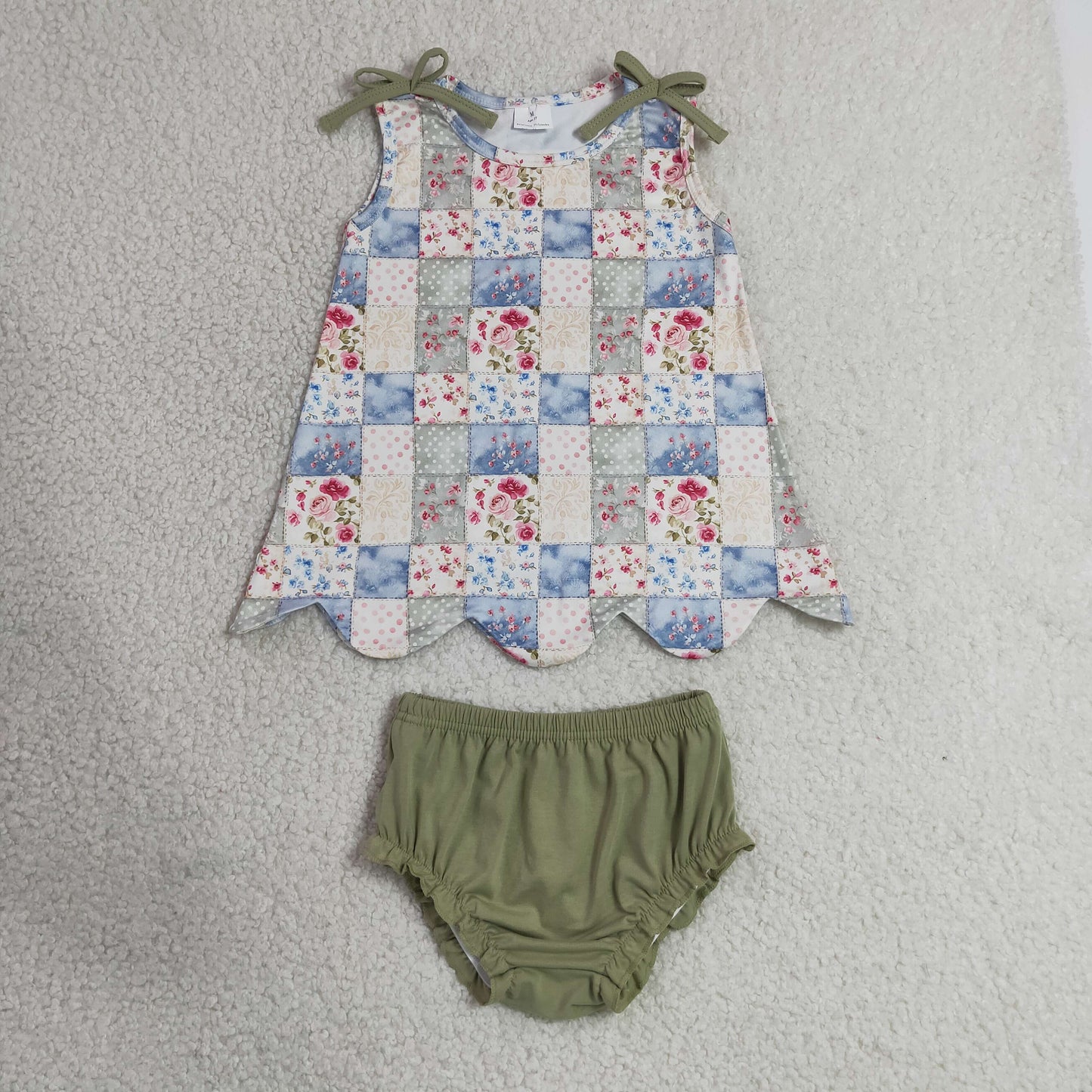 RTS NO MOQ milk silk GBO0511 Baby Girls Sleeveless Floral Checked Scallop Tunic Bummies Clothes Sets