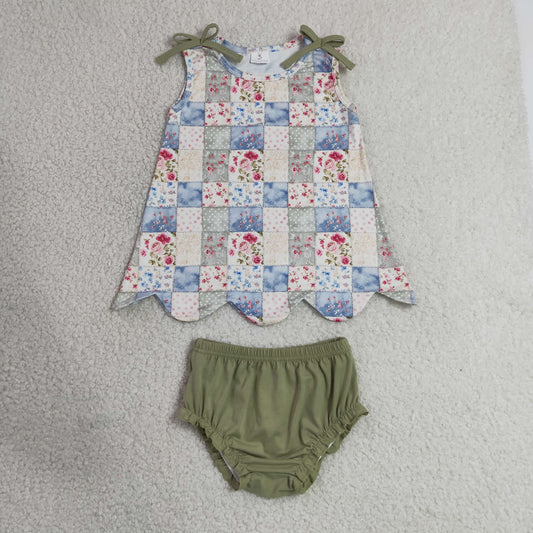 RTS NO MOQ milk silk GBO0511 Baby Girls Sleeveless Floral Checked Scallop Tunic Bummies Clothes Sets