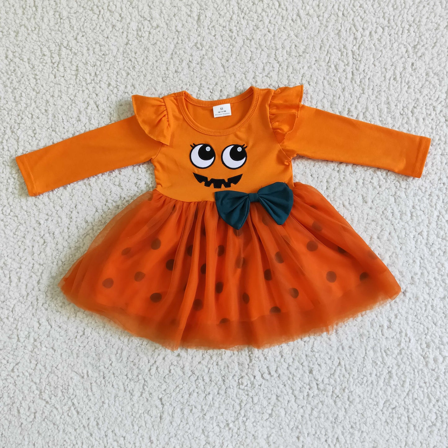 GLD0019 Halloween embroidered smiley face orange mesh long-sleeved dress