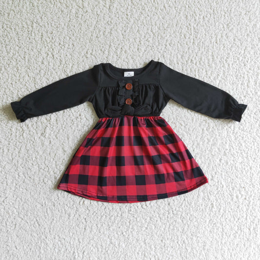 GLD0072 Black and red plaid long-sleeved dress