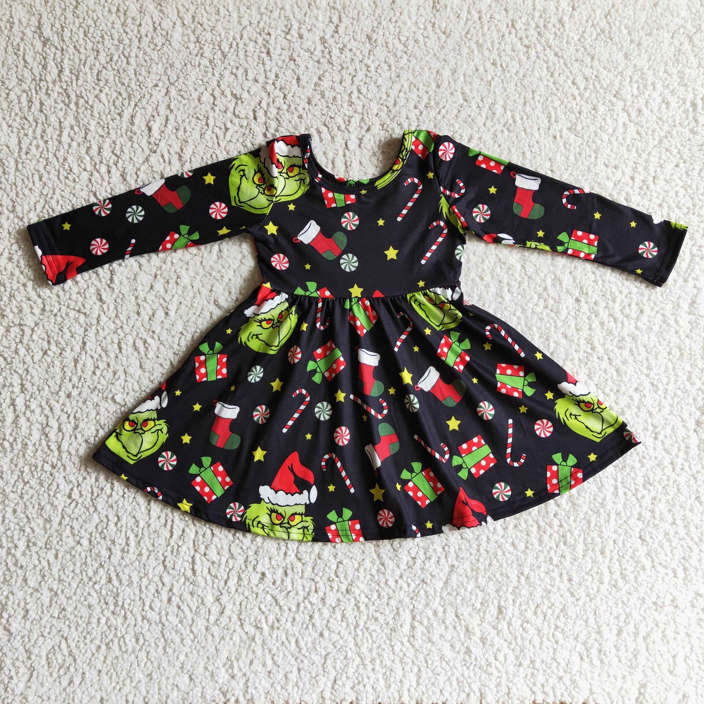 GLD0101 Grinch Christmas hat gift black long-sleeved dress