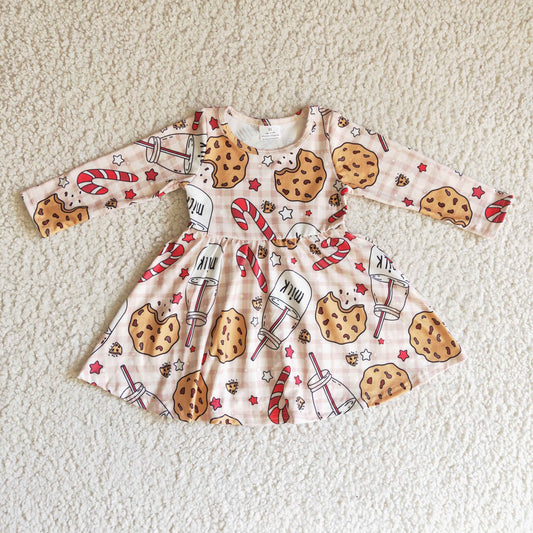 GLD0114 Girls Christmas Cookie Milk Long Sleeve Dress