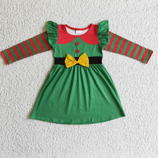 GLD0143 Girls Christmas green striped bow long-sleeved dress