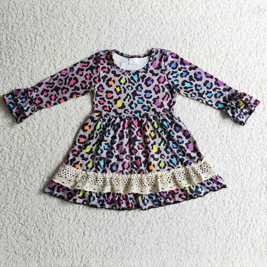0148 Girls colorful leopard lace long-sleeved dress