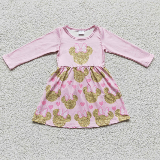 GLD0156 Girls Mickey head pink long-sleeved dress