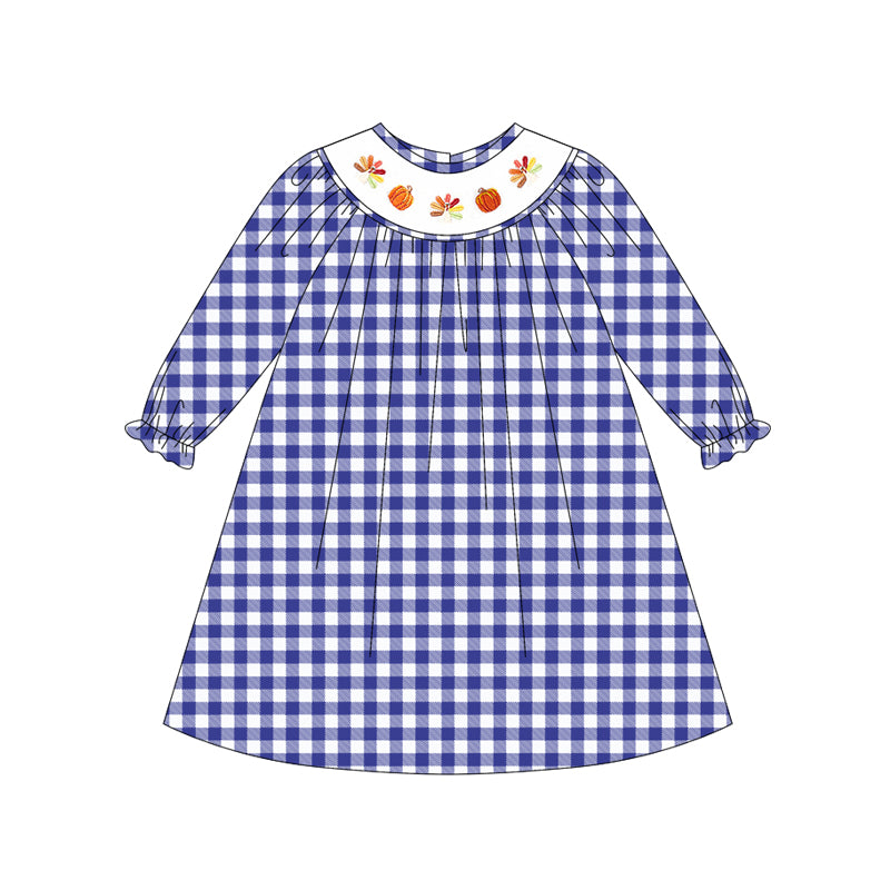 5.14GLD1041smocked pumpkin turkey plaid dress