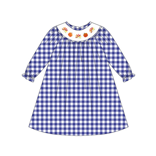 5.14GLD1041smocked pumpkin turkey plaid dress