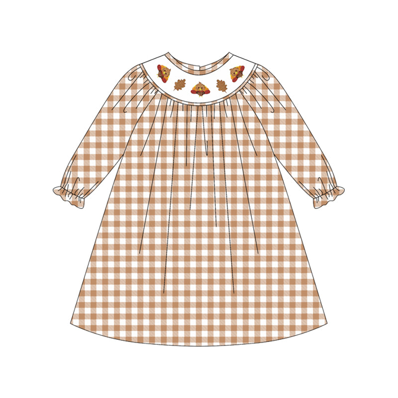 5.14GLD1042smocked leaf turkey plaid dress
