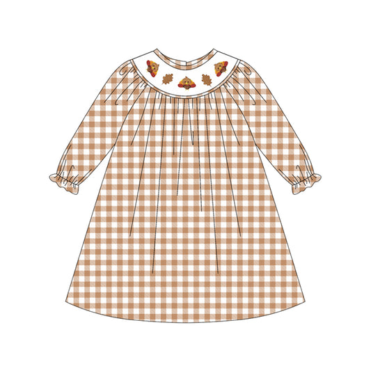 5.14GLD1042smocked leaf turkey plaid dress