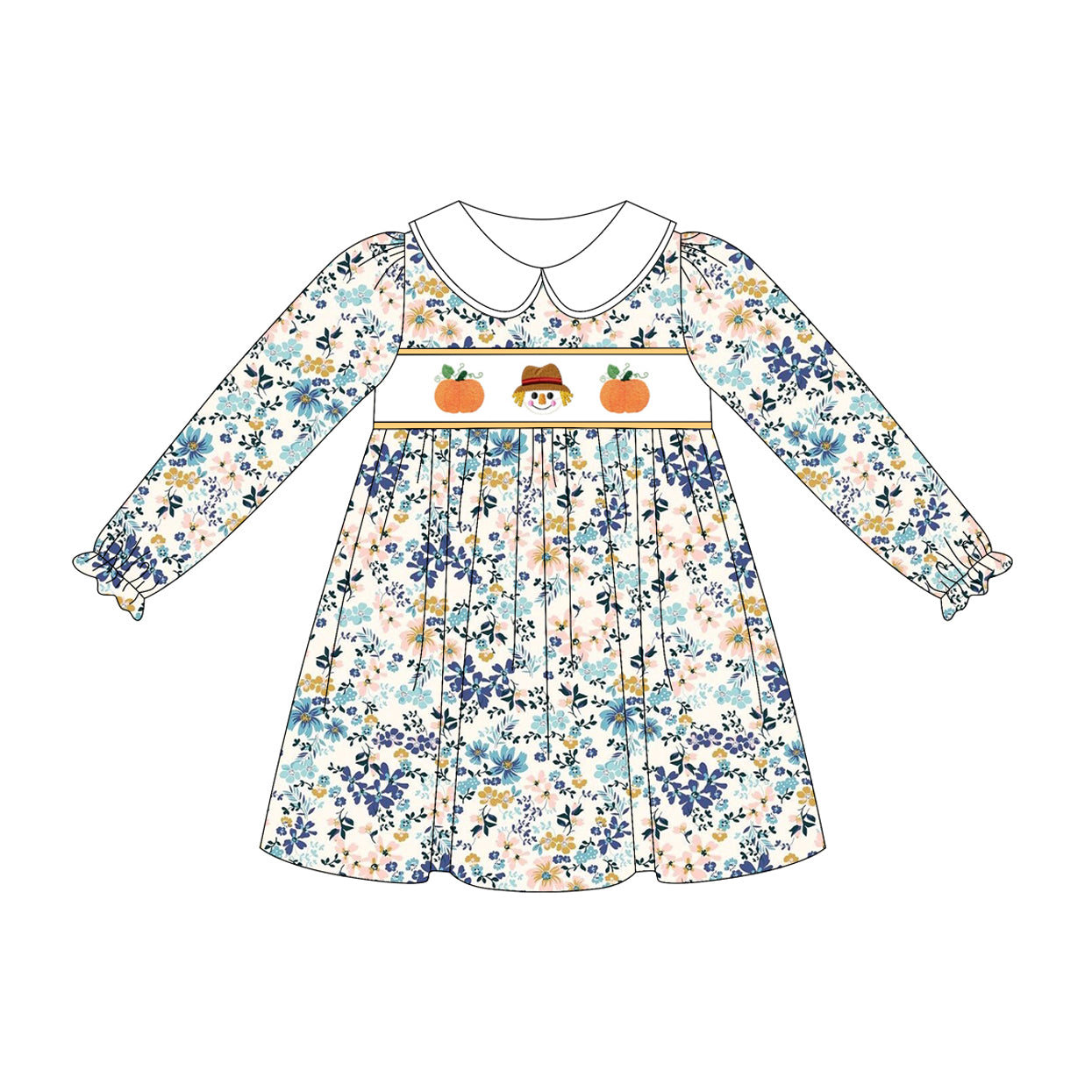 5.21GLD1071 Pumpkin Flower Long Sleeve Dress
