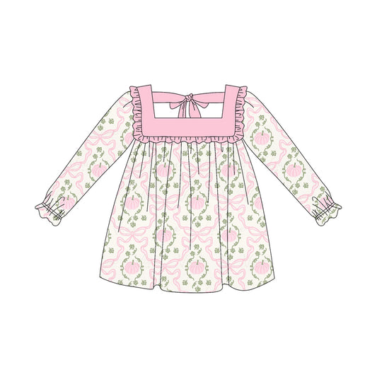 5.27GLD1083 Pink Pumpkin Bow Long Sleeve Dress