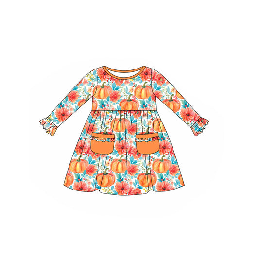 5.27GLD1085 Pumpkin Orange Pocket Long Sleeve Dress