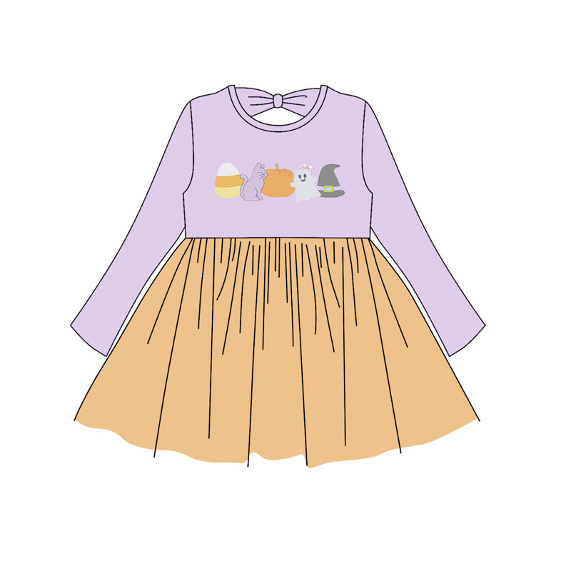 6.24 GLD1164 Purple Halloween Pumpkin Ghost Long Sleeve Dress