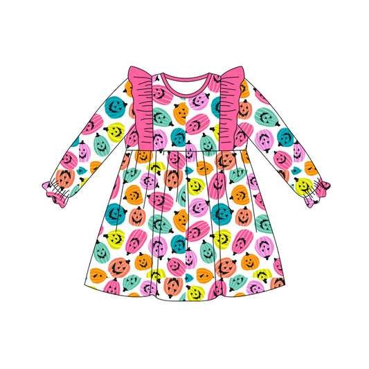 7.7GLD1187 Halloween colorful pumpkin long sleeve dress