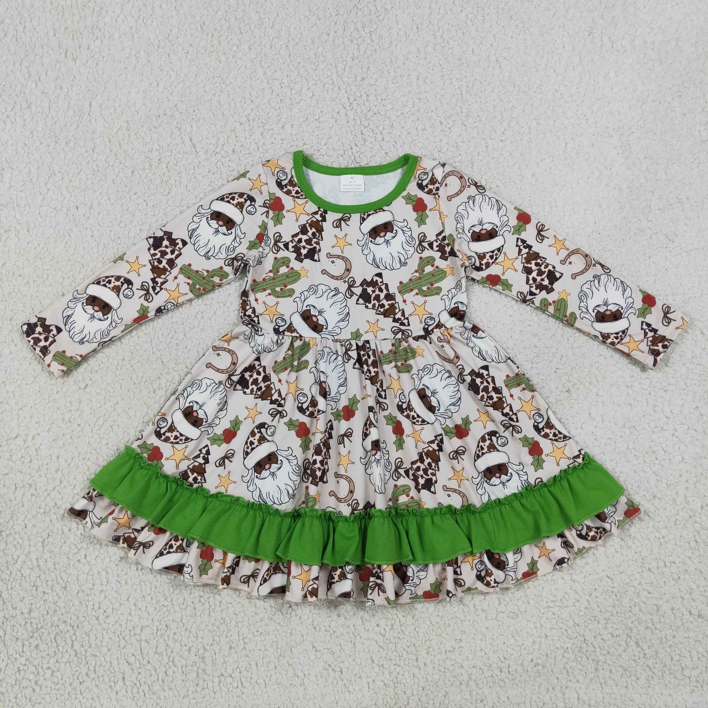 NEW RTS NO MOQ milk silk GLD1213 Baby Girls Christmas Western Long Sleeves Santa Cactus Ruffle Knee Length Dresses