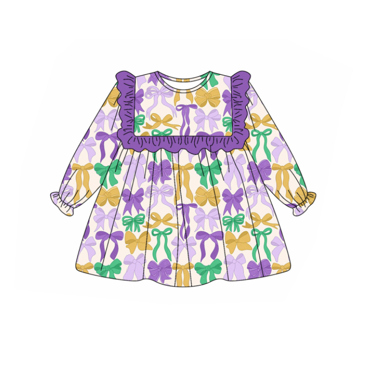 X905 GLD1295 Colorful Bow Long-Sleeved Dress