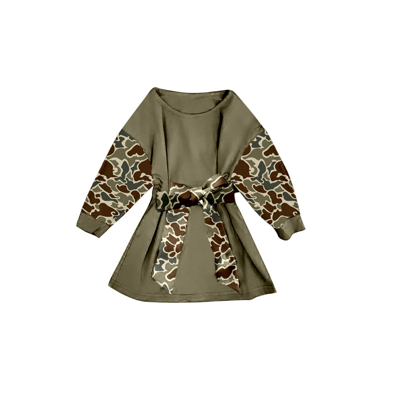 X10.15 GLD12303 Dark Green Camouflage Bow Long-Sleeved Dress