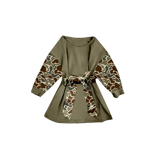 X10.15 GLD12303 Dark Green Camouflage Bow Long-Sleeved Dress