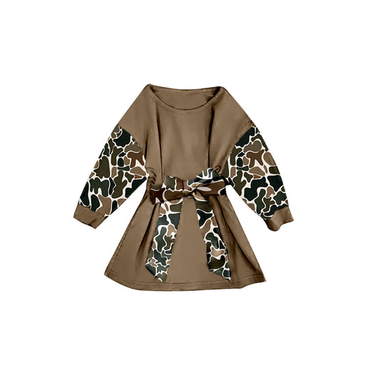 X10.15 GLD12304 Brown Camouflage Bow Long-Sleeved Dress