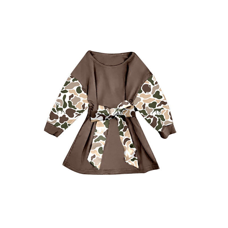 X10.15 GLD12305 Khaki Camouflage Bow Long-Sleeved Dress