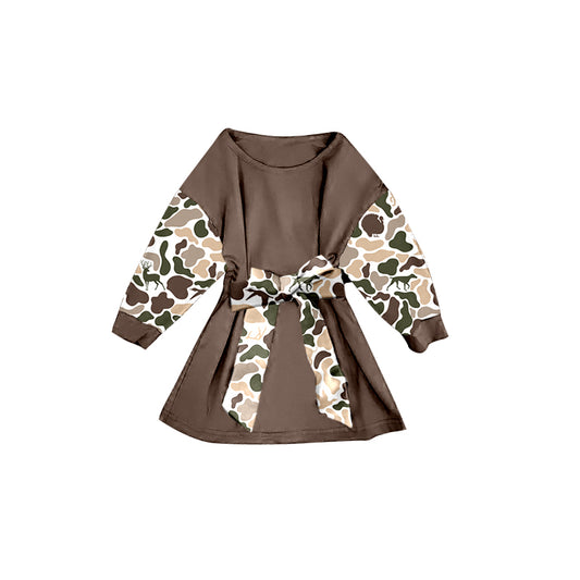X10.15 GLD12305 Khaki Camouflage Bow Long-Sleeved Dress