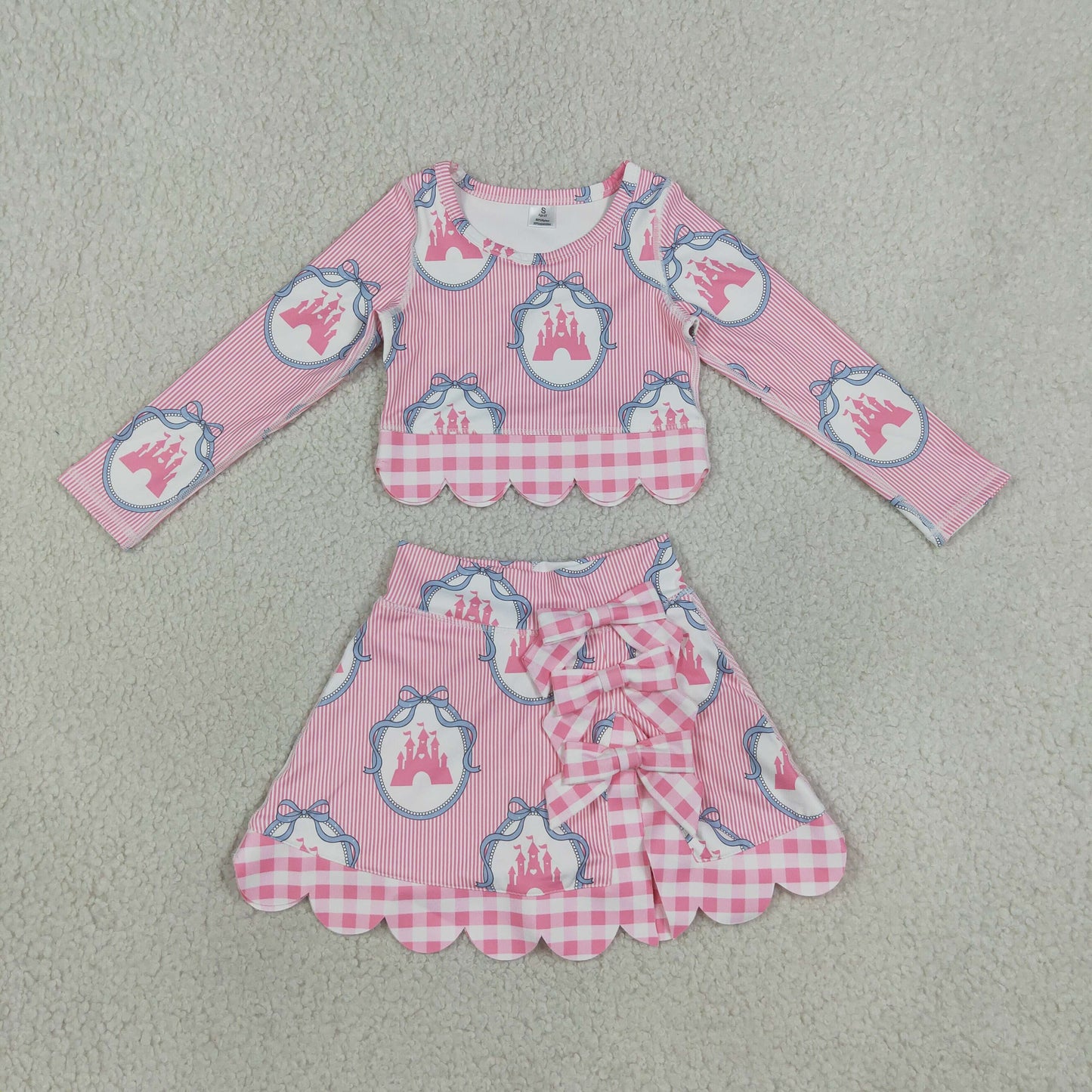 NEW RTS NO MOQ yoga fabric GLD1601 Baby Girls Pink Stripe Scallop Edge Skort Summer Yoga Set