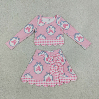 NEW RTS NO MOQ yoga fabric GLD1601 Baby Girls Pink Stripe Scallop Edge Skort Summer Yoga Set